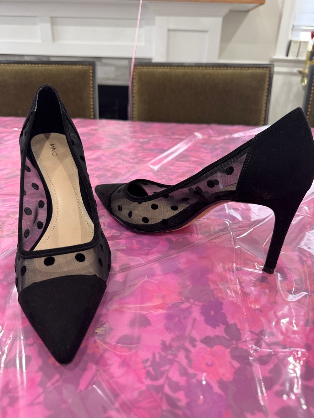 Mango Black Polka Dot Mesh Pointed-Toe Heels